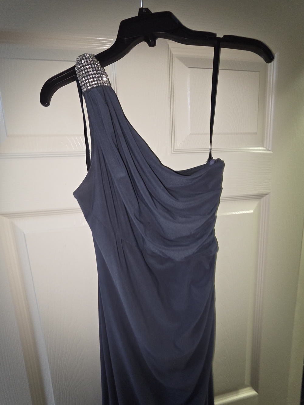 One-Shoulder Dark Gray Evening Dress with Rhinestone Detail